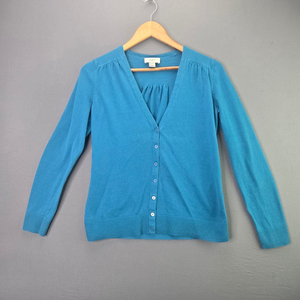 LOFT Cardigan Sweater Medium Blue V-Neck Button Up Pleated Knit Top 2829